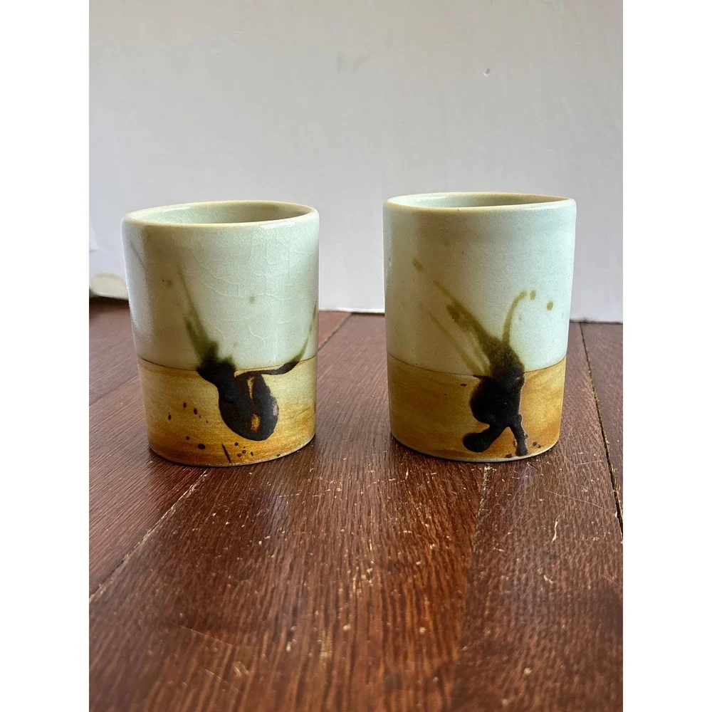 La Colombe Vallauris France Pottery Stoneware Tumblers Set of 2 Vintage Ceramic